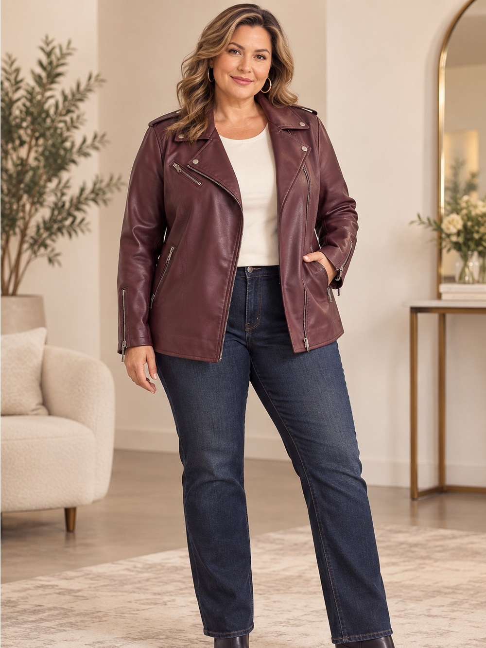 Lane Bryant Burgundy Moto Jacket 14/16 Faux Leather Biker
